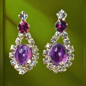 Vintage 925 Sterling Silver Purple Stone and Crystal Rehnistone Earrings